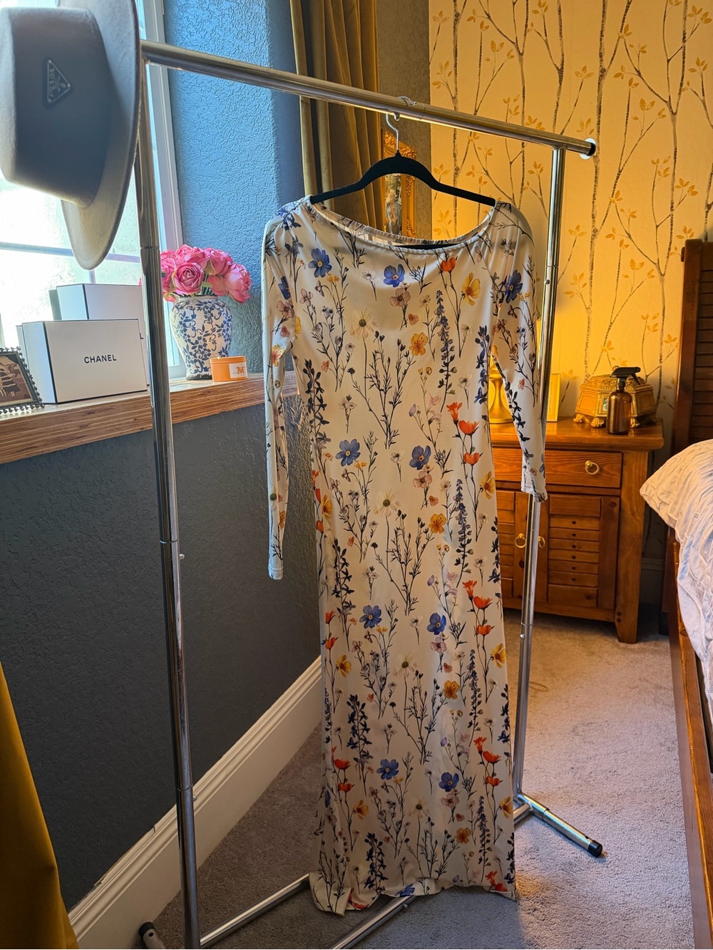 Floral Long Sleeve Maxi Dress - Cream with Multicolor Blooms